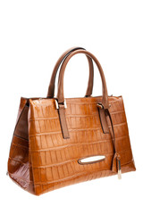 Brown leather womens bag isolated on white background.