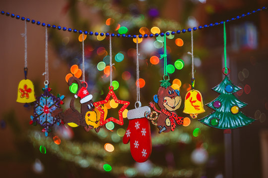 Wooden toys on the Christmas tree helios old Russian lens bokeh