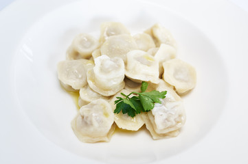 Dumplings home (handmade) on white plate.