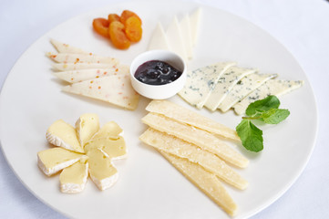 Cheese plate on white plate studio shot