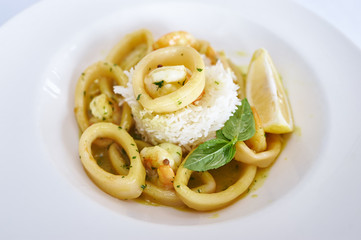 Shrimp, squid in curry sauce and white rice