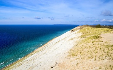View From The Top. View from the top of a towering sand dune at Sleeping Bear Dunes National Lakeshore located in Empire, Michigan.