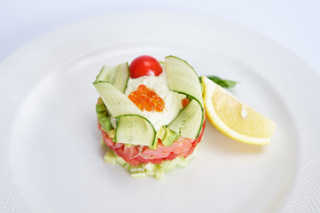 Tartare with salmon on white plate studio shot