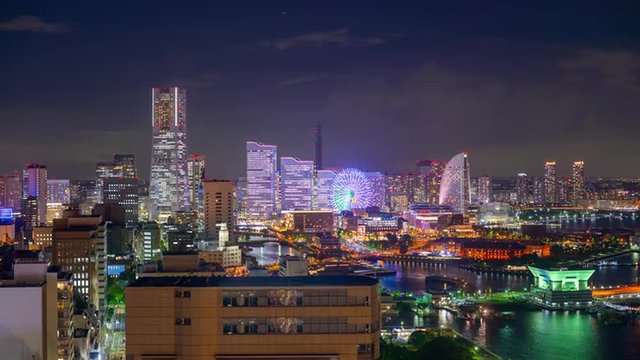 Yokohama, Japan skyline time lapse at night.