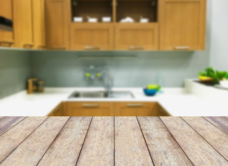 Wooden table on modern kitchen interior background
