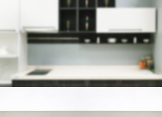 white wooden table with kitchen interior background