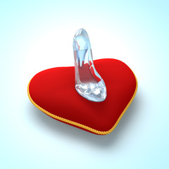 Cinderella glass slipper on the red pillow heart shape top view
