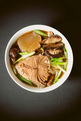 Fish soup, Japanese style fish soup with soy suace. Top view on