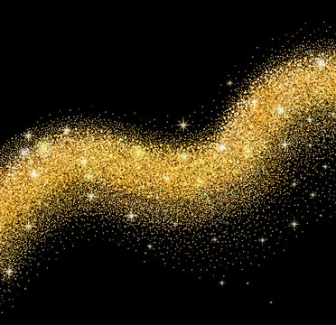 Vector golden sparkling falling star.on black background. Gold glittering wave for card, vip, exclusive, certificate, gift, luxury, privilege, voucher, store, present, shopping.