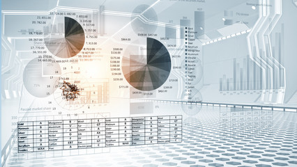Office interior with graphs and diagrams