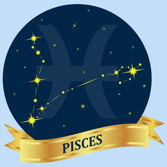 Pisces. Constellation and zodiac sign in the blue circle. Gold ribbon. Vector image.