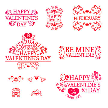 Logo Set Valentine's Day in vintage, retro style with ornaments swirls, hearts, lines and calligraphy. Good for invitations, banners, posters.