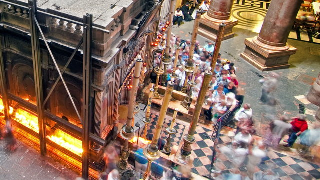 Time lapse of crowds visiting the Church of the Holy Sepulchre. Cropped.