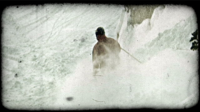 Expert skier jumps off hill. Vintage stylized video clip.