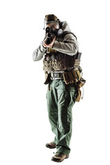 rebel man with gas mask and rifles against a white background