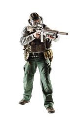 rebel man with gas mask and rifles against a white background