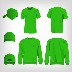 Sport light green t-shirt, sweater and baseball cap isolated set vector