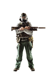rebel man with gas mask and rifles against a white background