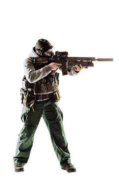 rebel man with gas mask and rifles against a white background