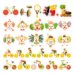 Obraz na płótnie Canvas Yummy set / Creative menu set of food concepts with clowns, sports equipment and cyclists made of vegetables and fruits, isolated on white.