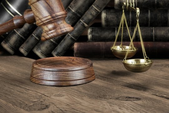 Jydges Gavel, Legal Code And Scales Of Justice Closeup