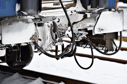 Train wagon links frozen in winter time