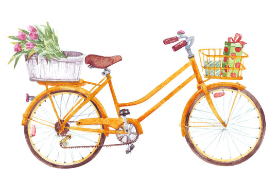 Yellow bicycle with flowers gifts basket