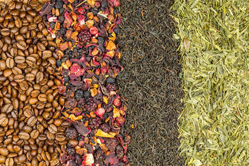 Coffee beans, fruit tea, black tea and green tea