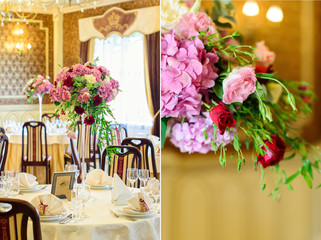 Table with flowers in the restaurant is ready for event or wedding celebration 