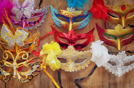 top view of colorful Venetian masquerade masks. retro filtered image
