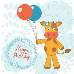 Naklejka premium Happy birthday card with happy cow holding balloons