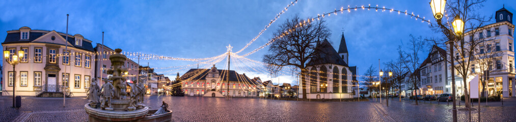 lippstadt townhall place high definition panorama in the evening - obrazy, fototapety, plakaty