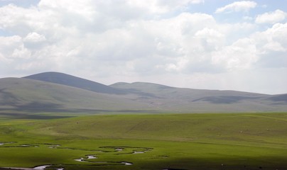 A small river, the green plains and the mountains.