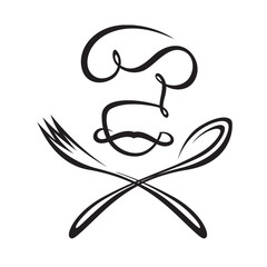 black illustration of spoon, fork and chef