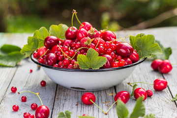 bowl full various fruits wooden background