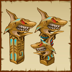 Two columns with shark and ancient symbols