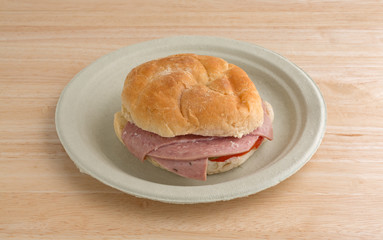 Salami sub sandwich on plate atop a table