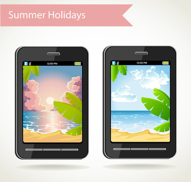 Smart phone with a photo of sunset and palm trees and beach day