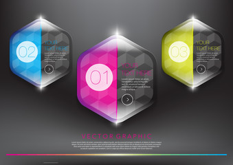 Abstract vector banners set. Colorful, glossy and transparent on the black panel. 3 parts concept. Vector illustration. Eps10.