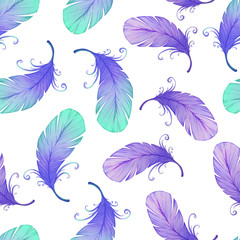 Watercolor seamless pattern with bird feathers.