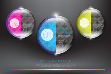 Abstract vector banners set. Colorful, glossy and transparent on the black panel. 3 parts concept. Vector illustration. Eps10.