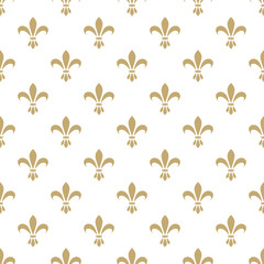 Fleur de lis seamless vector pattern. French vintage stylized lily flower luxury royal symbol. Monarchy gold on white iris sign. - obrazy, fototapety, plakaty