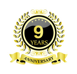 9 anniversary with glossy golden wreath and ribbon 