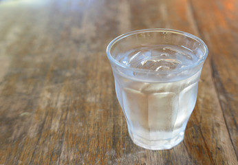 glass water on wooden floor.