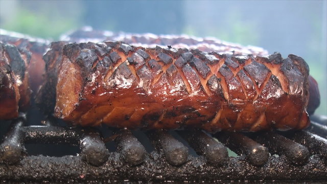 Close up of cut polish sausage on the fire pit's grill