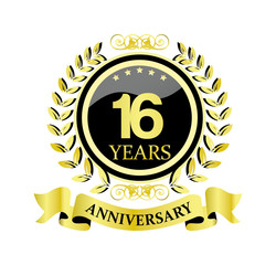 16 anniversary with glossy golden wreath and ribbon 