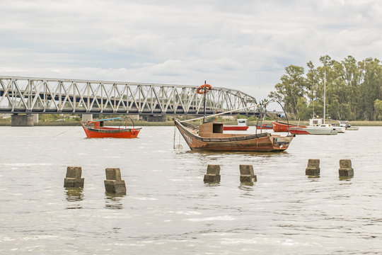 Boats at Santa Lucia River in Montevideo Uruguay
