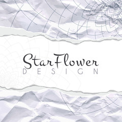 Vector background of crumpled torn paper with lined floral circular pattern. Mandala. Ragged edges.