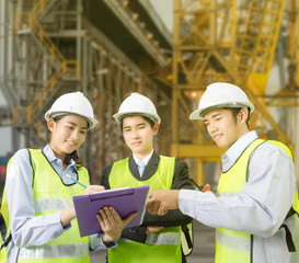 Fototapeta premium Asian working discussing checklist with foreman in port