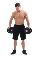 Full Length Of Muscular Man Holding Dumbbells